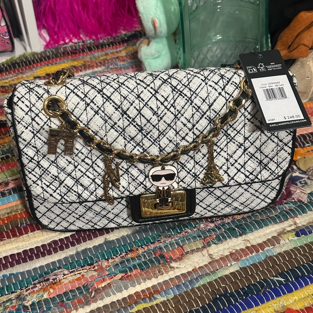Karl Lagerfeld White Quilted Crosshatch Shoulder Bag with Gold Chain Charms